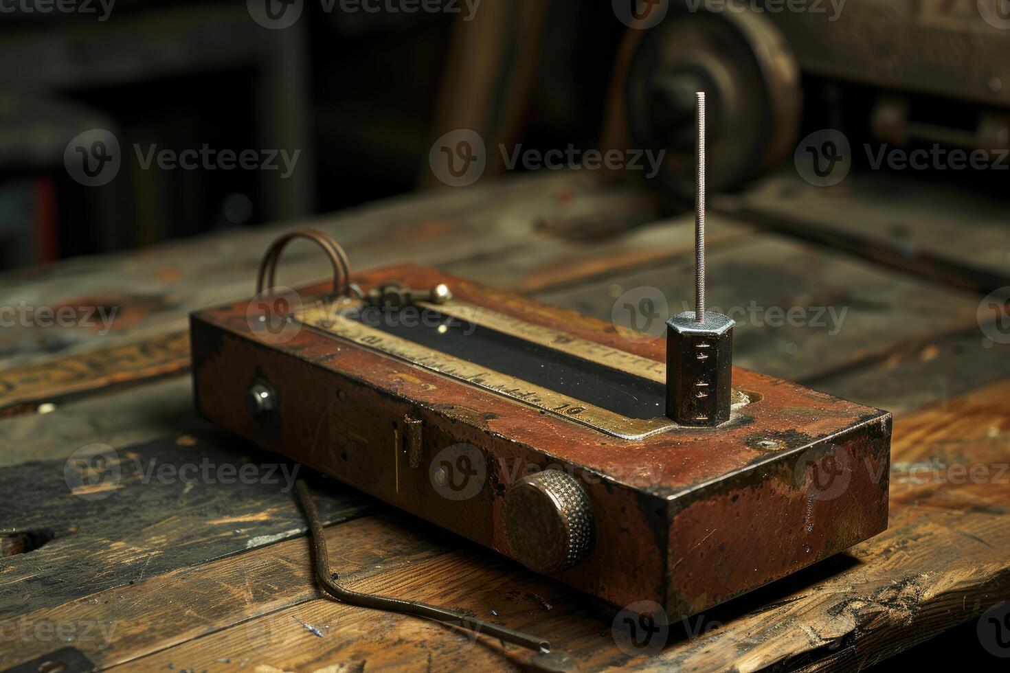 Antique measuring device sitting on workshop table photo