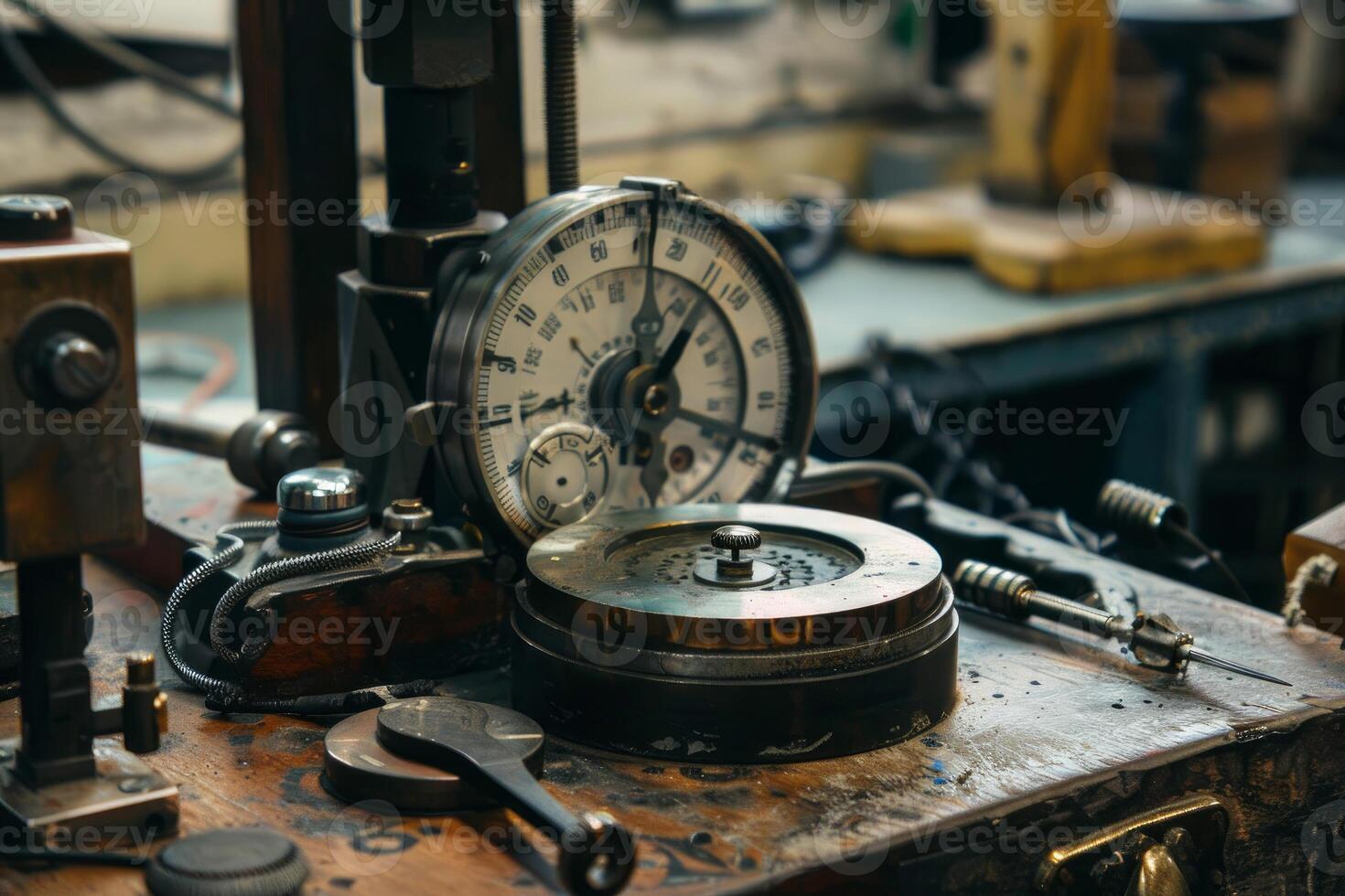 Watchmaker's workshop showing tools of the trade and clock parts photo