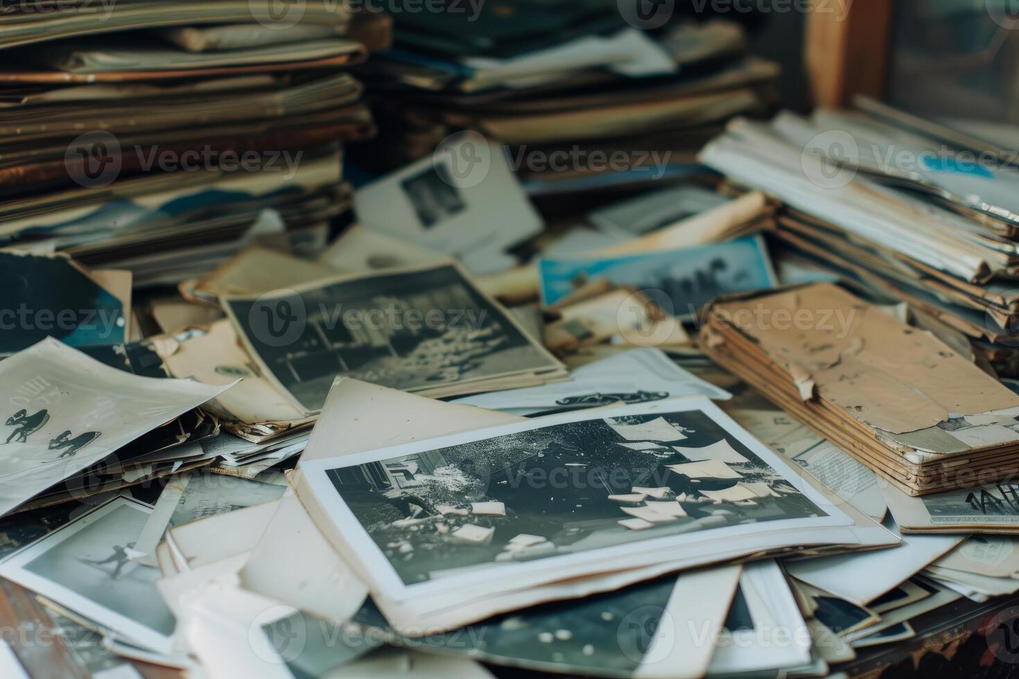 Pile of old black and white photographs covering a table surface photo