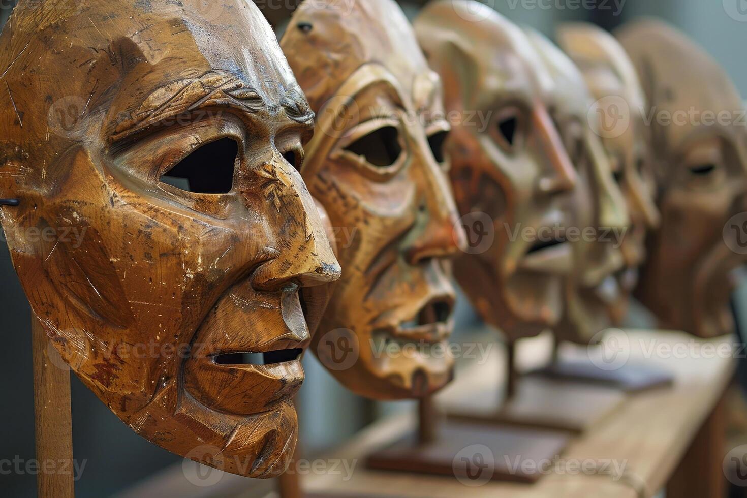 Row of wooden masks showing different human emotions photo