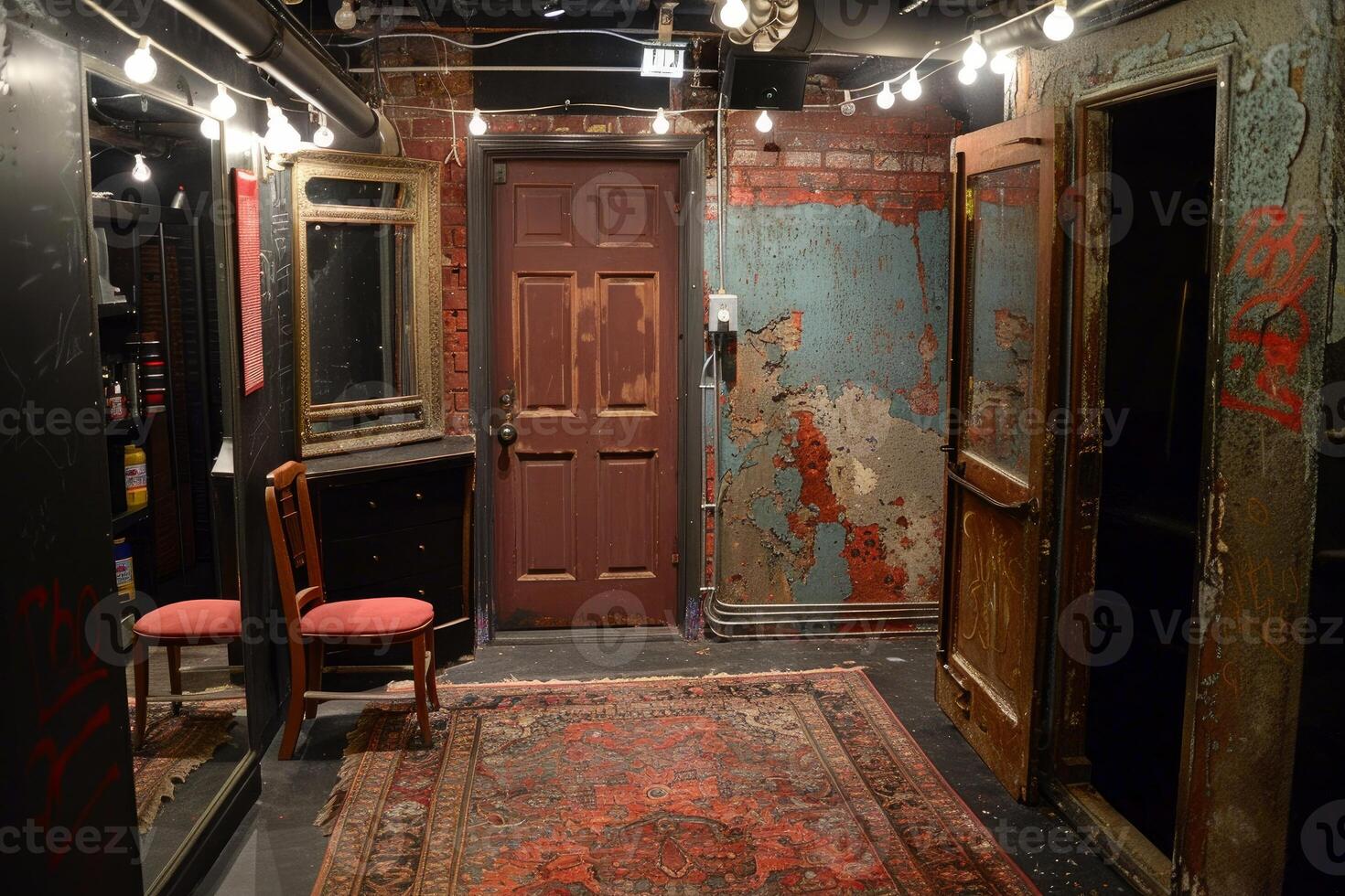 Old dressing room with red carpet and mirror is reflecting light photo