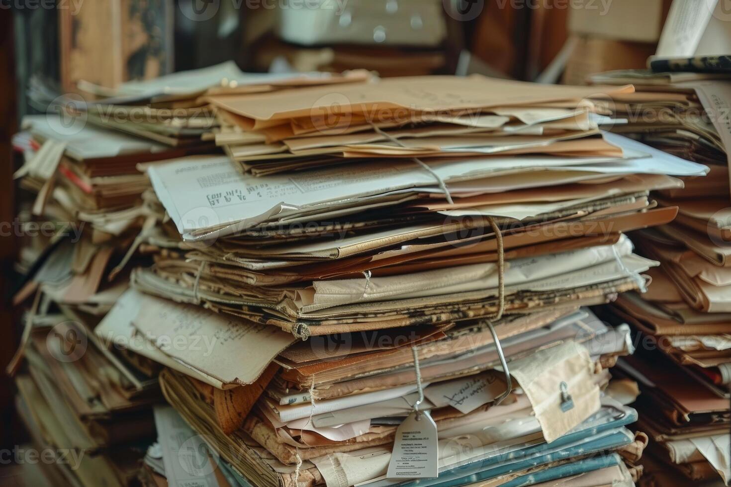 Stack of old paper documents forming chaotic pile photo