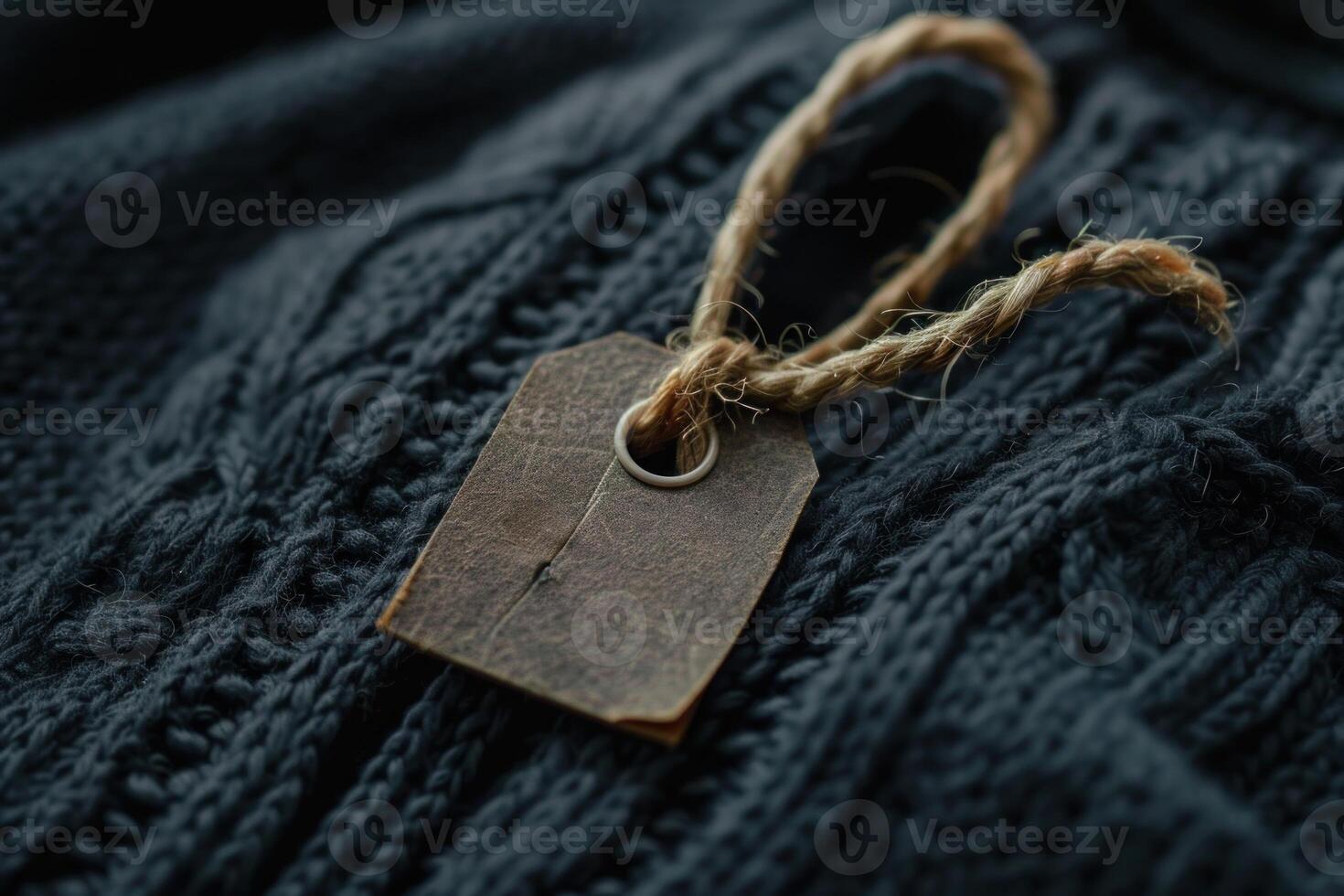 Blank leather price tag hanging on a warm knitted sweater photo