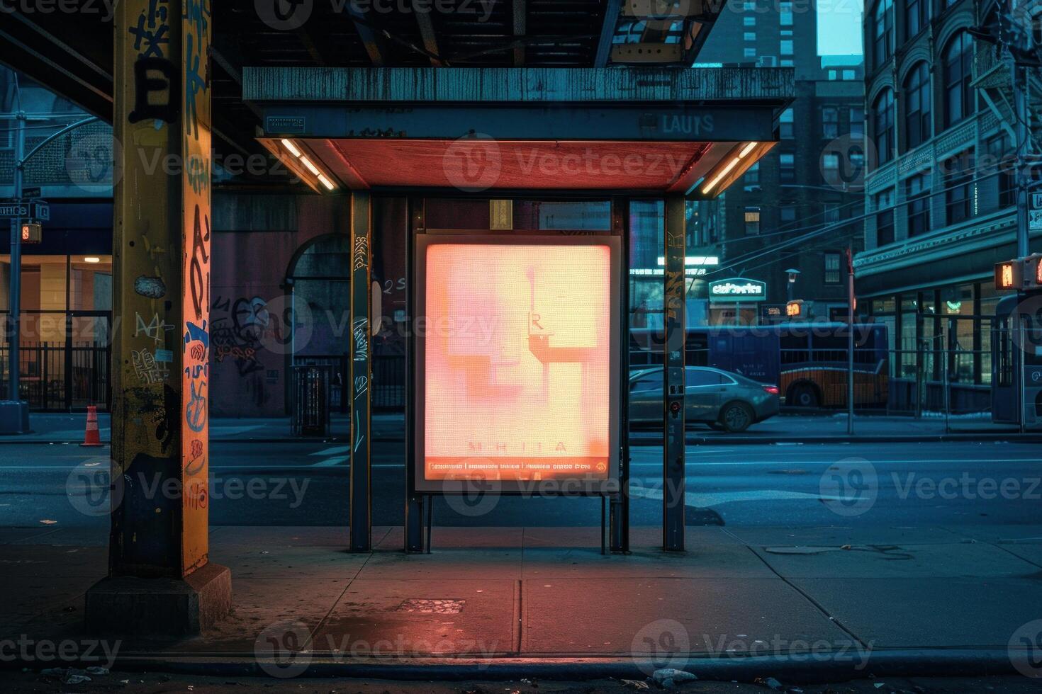 Empty bus stop with glowing blank billboard at night advertising space photo