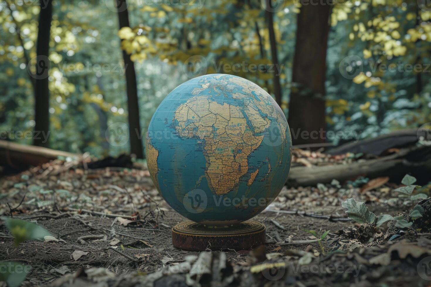 Globe showing africa standing on the ground in a forest photo