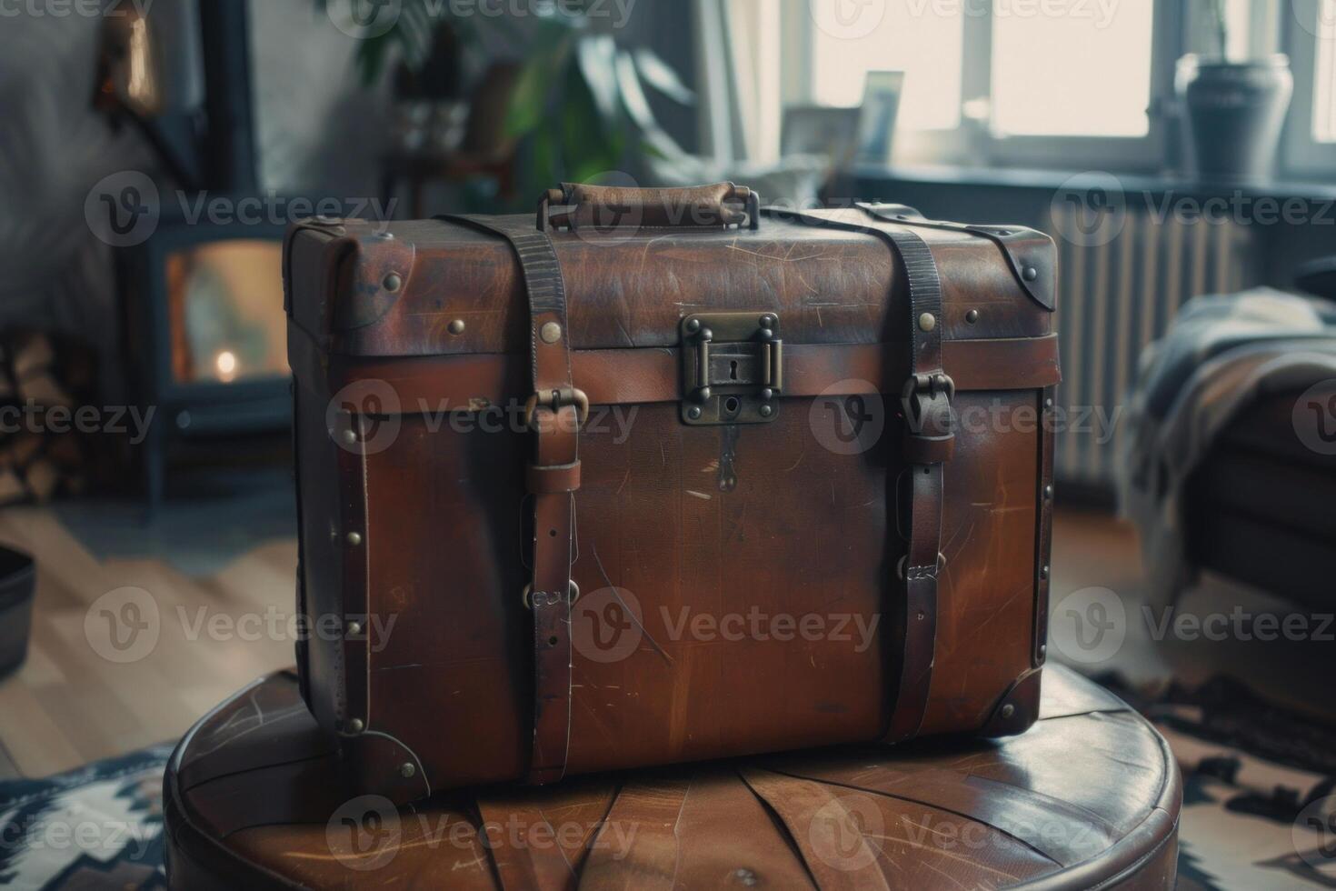Old leather travel trunk resting on leather ottoman in cozy living room photo