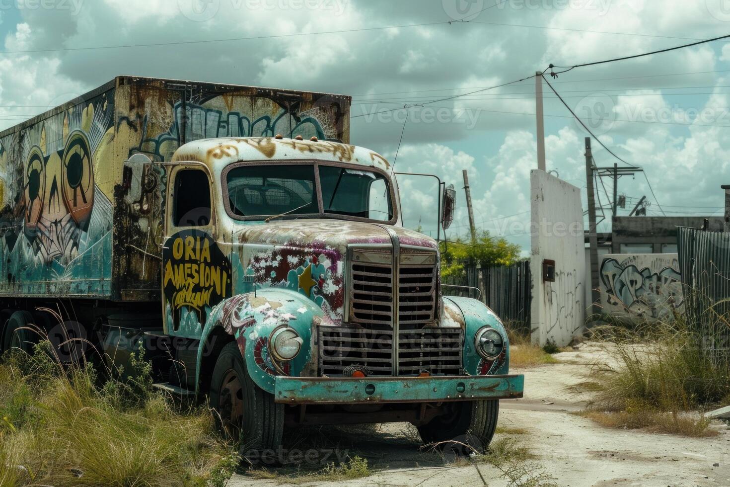 Old rusty truck with graffiti parked in an abandoned industrial area photo