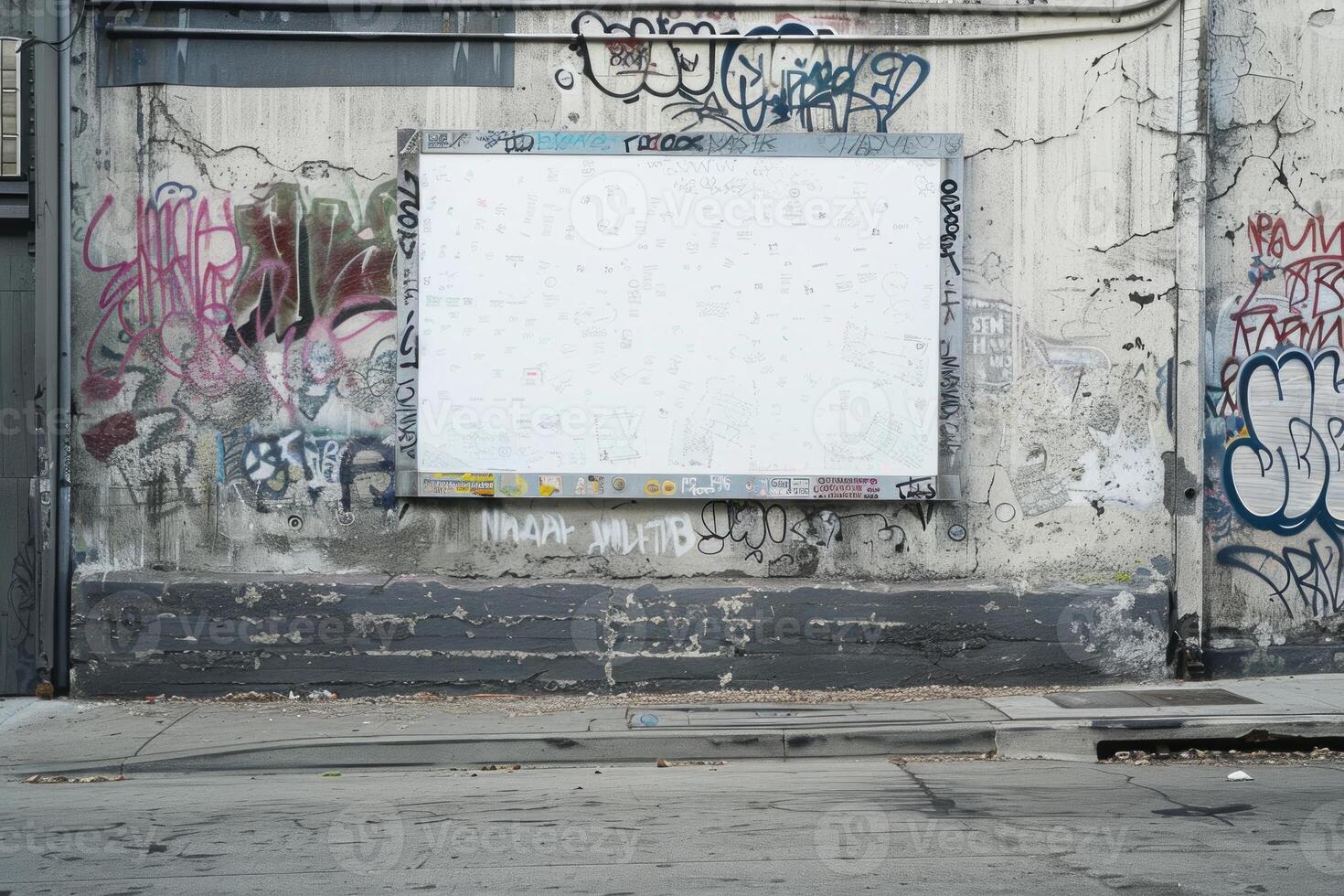 Blank billboard providing copy space on graffiti covered wall photo