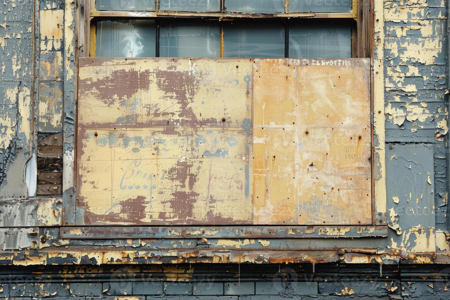 Boarded up window showing signs of age and weathering photo