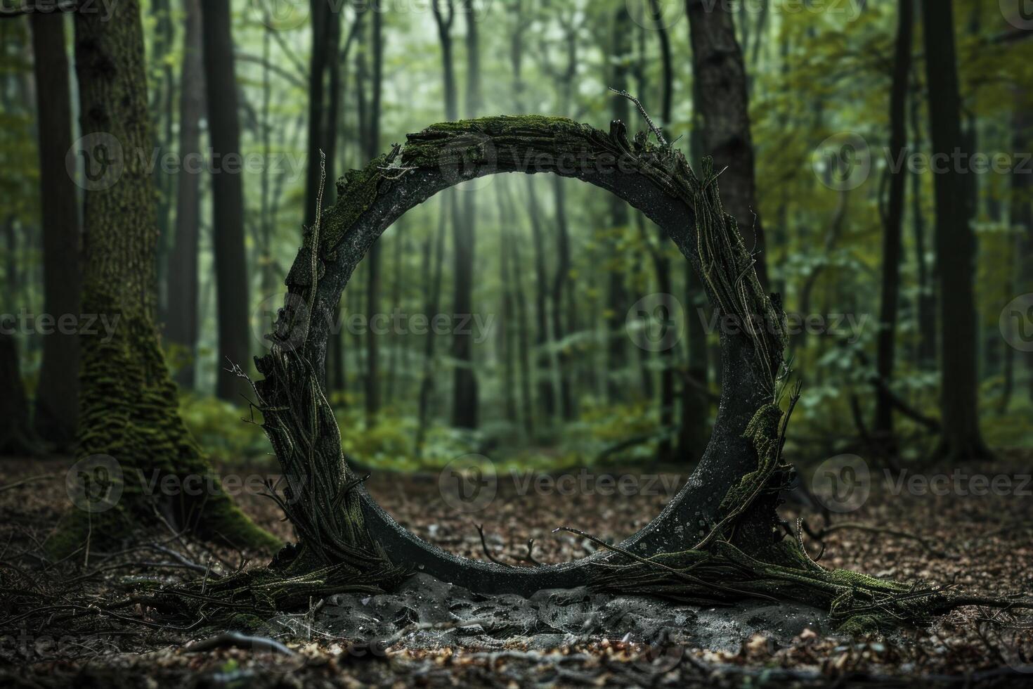 Moss covered stone circle portal standing in a forest photo