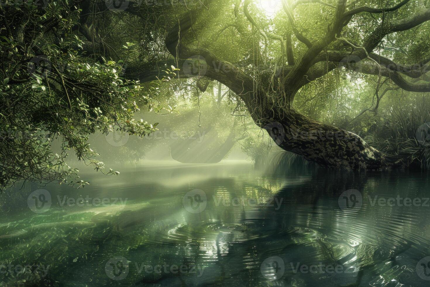 Sunlight shining through trees over tranquil forest river photo