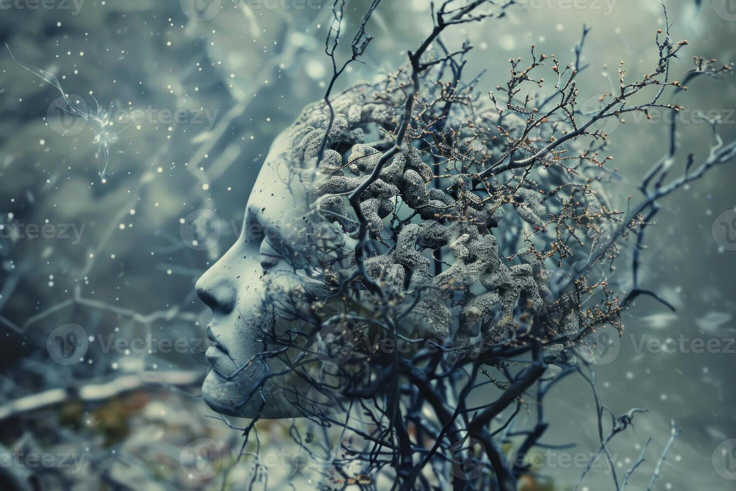 Stone face sculpture with branches growing showing concept of mental health photo