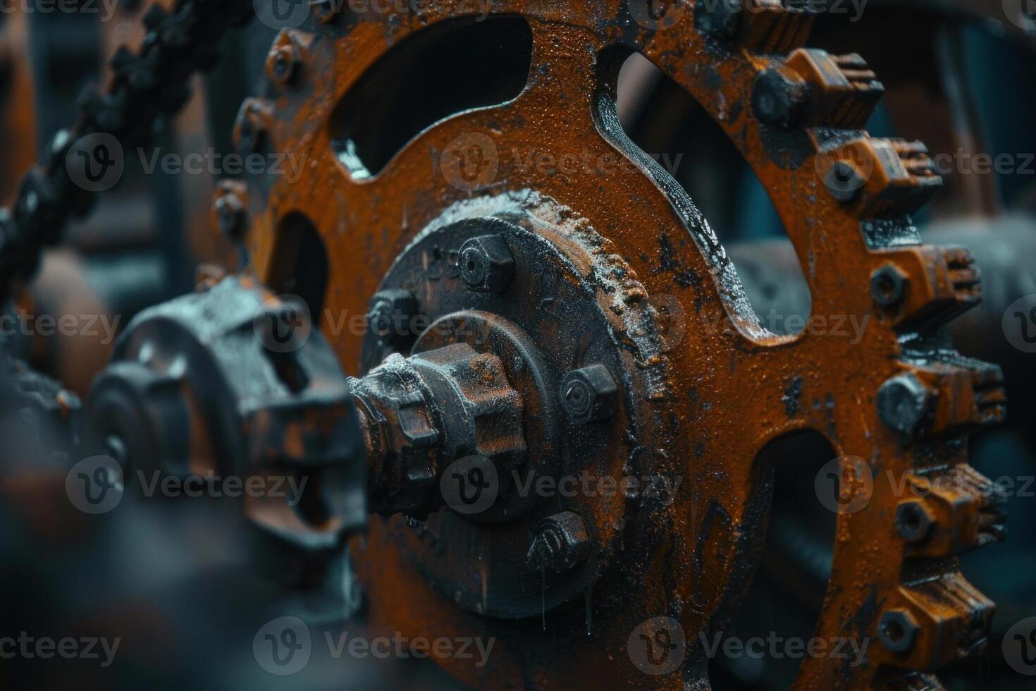 Rusty industrial gear rotating with chain drive in a factory photo