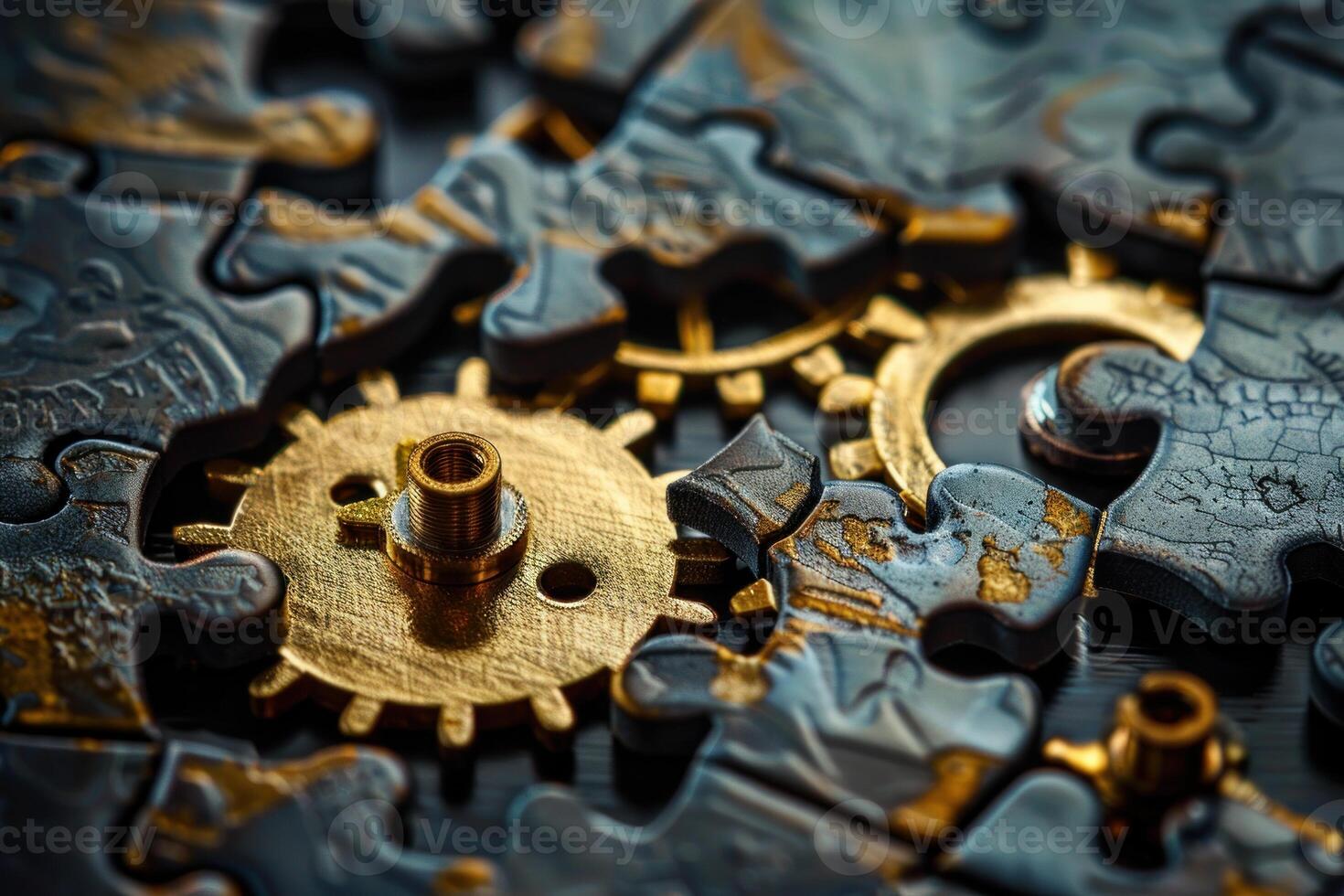 Golden cogwheels connecting puzzle pieces representing problem solving photo