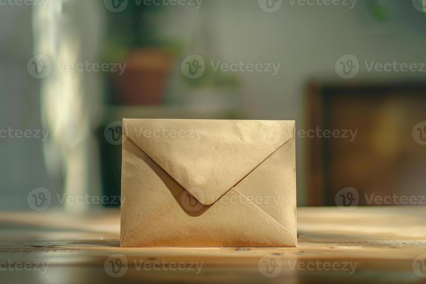 Single brown paper envelope standing on wooden table with blurred background photo