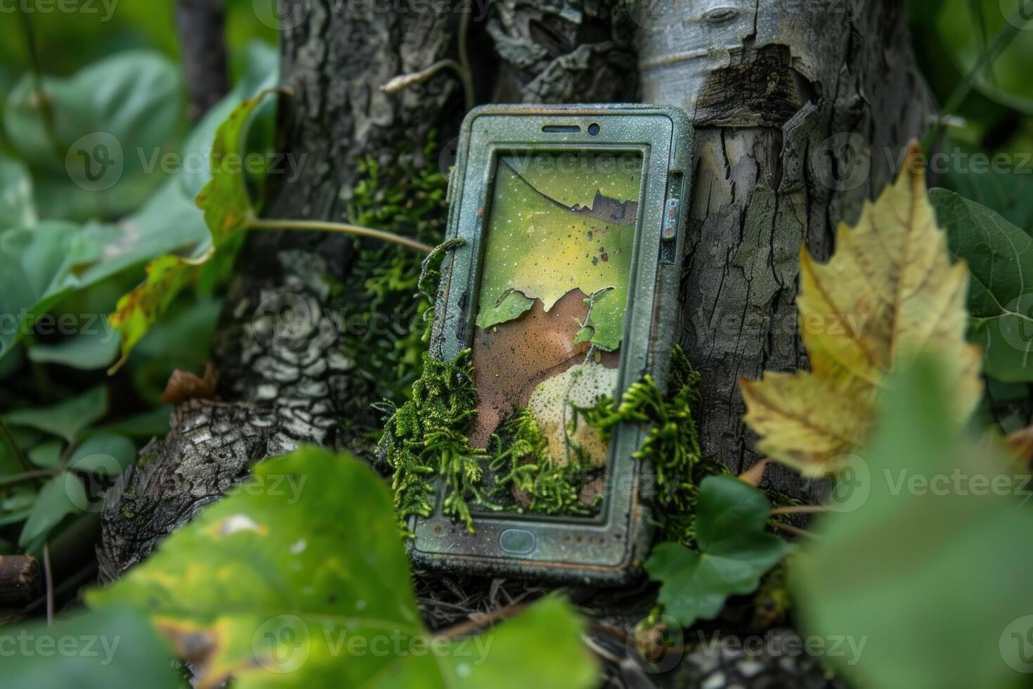 Old broken smartphone covered with moss lying on ground in forest photo