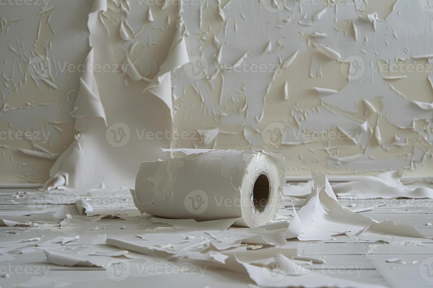 Roll of wallpaper lying on floor with scraps of torn off wallpaper photo