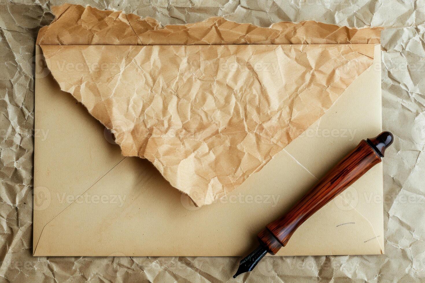 Vintage pen lying on crumpled paper near empty envelope photo