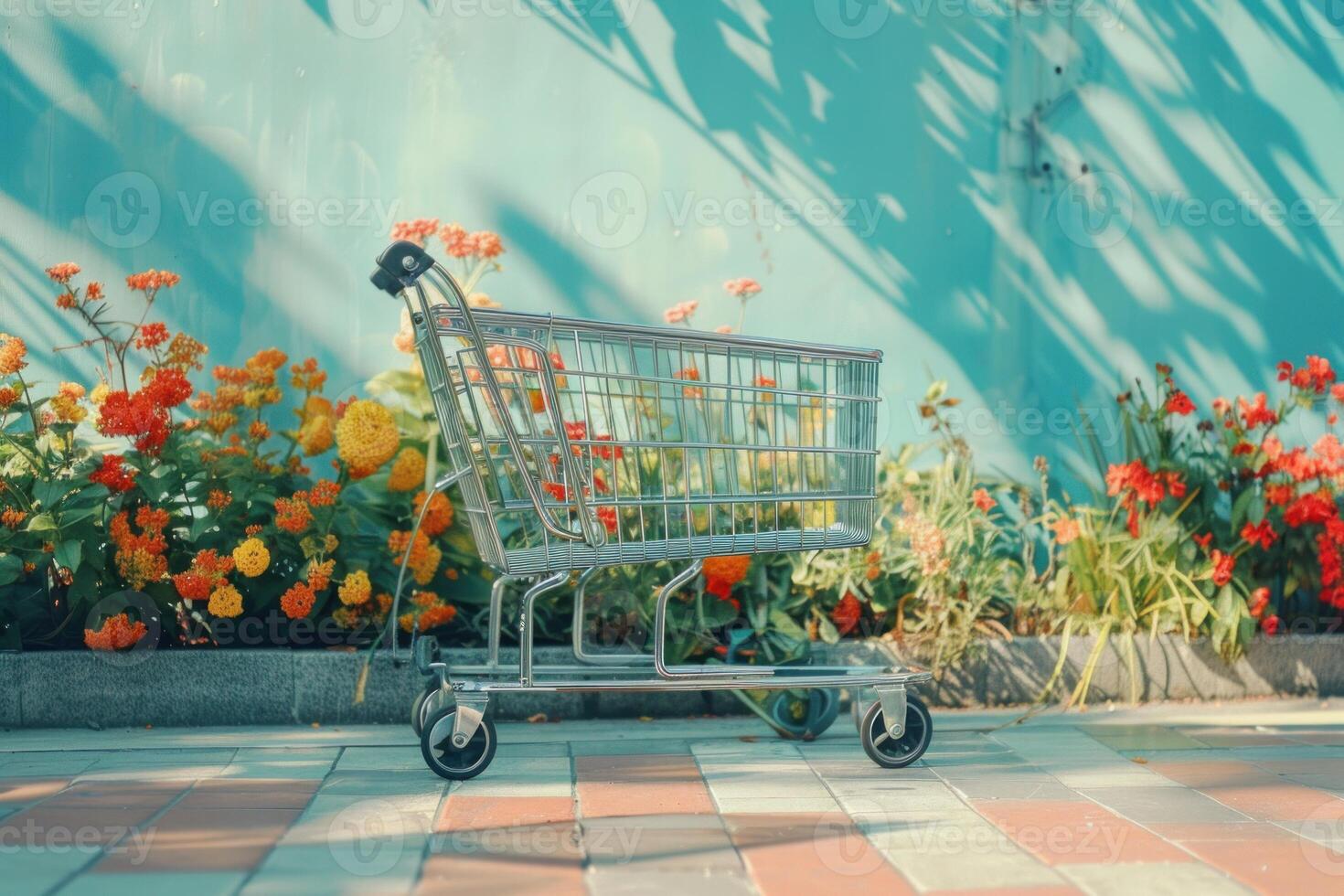 Empty shopping cart standing near flower bed on a sunny day photo