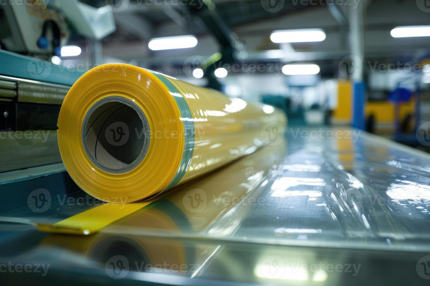 Yellow plastic film roll waiting to be processed on a machine in a factory photo