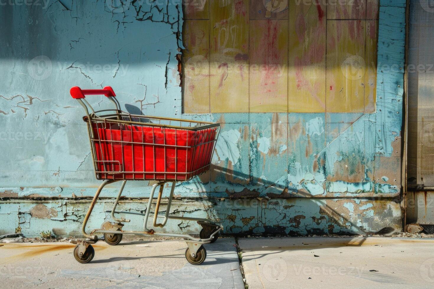 Red shopping cart resting against old wall with peeling paint photo