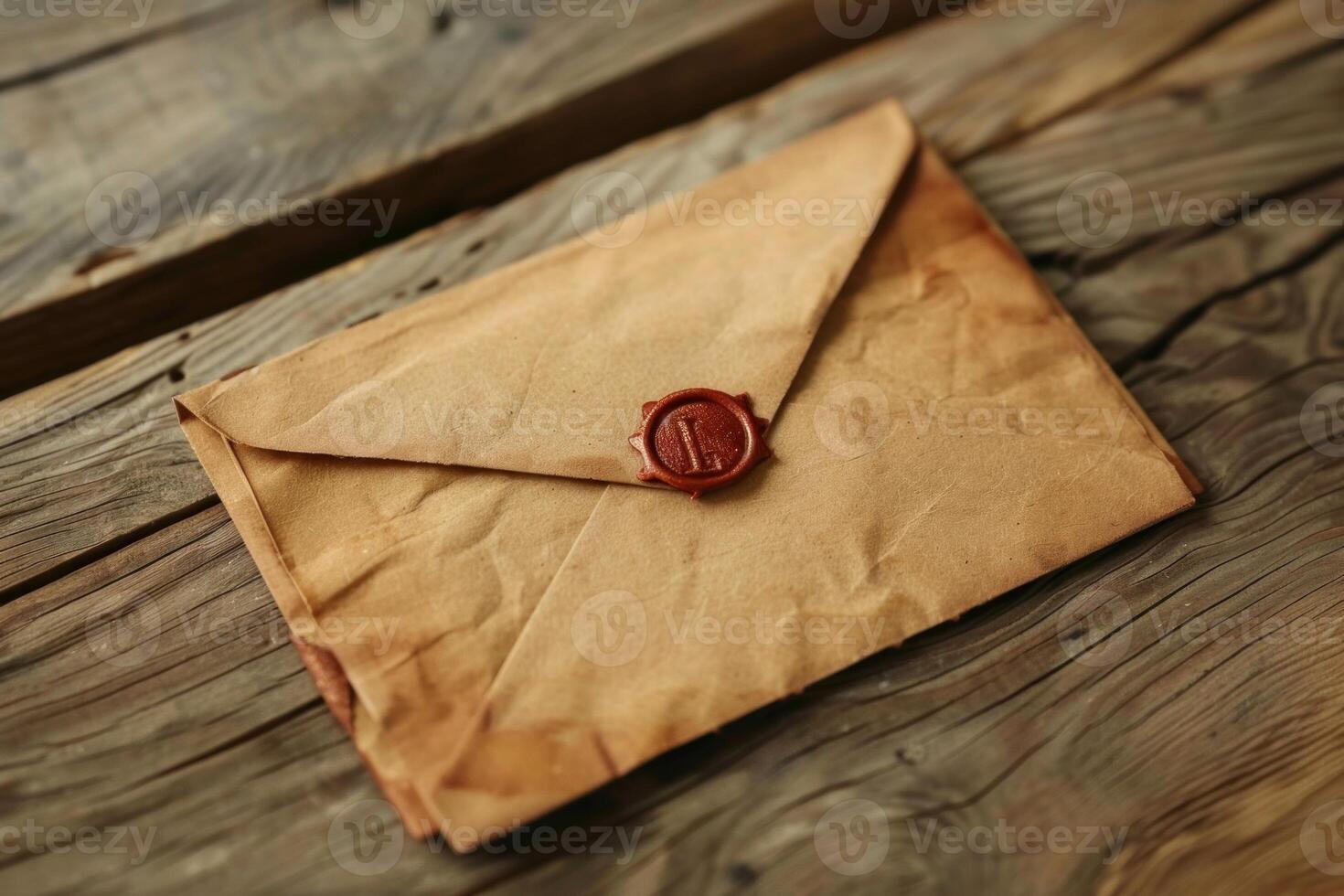 Old paper envelope sealed with red wax stamp lying on wooden table photo