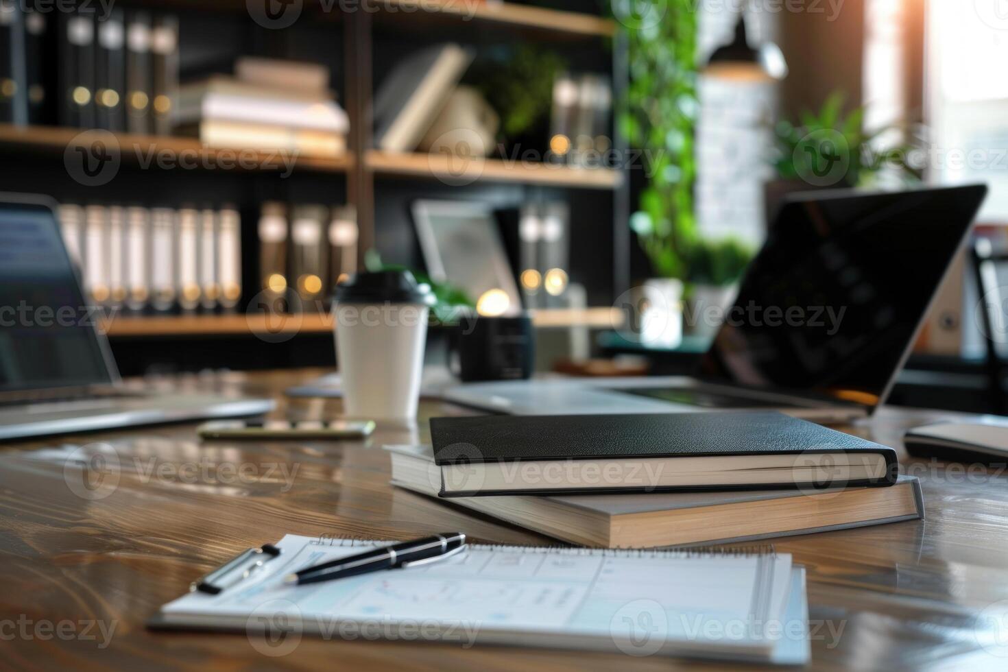 Notebook and pen lying on table in office with laptops and bookshelf in background photo