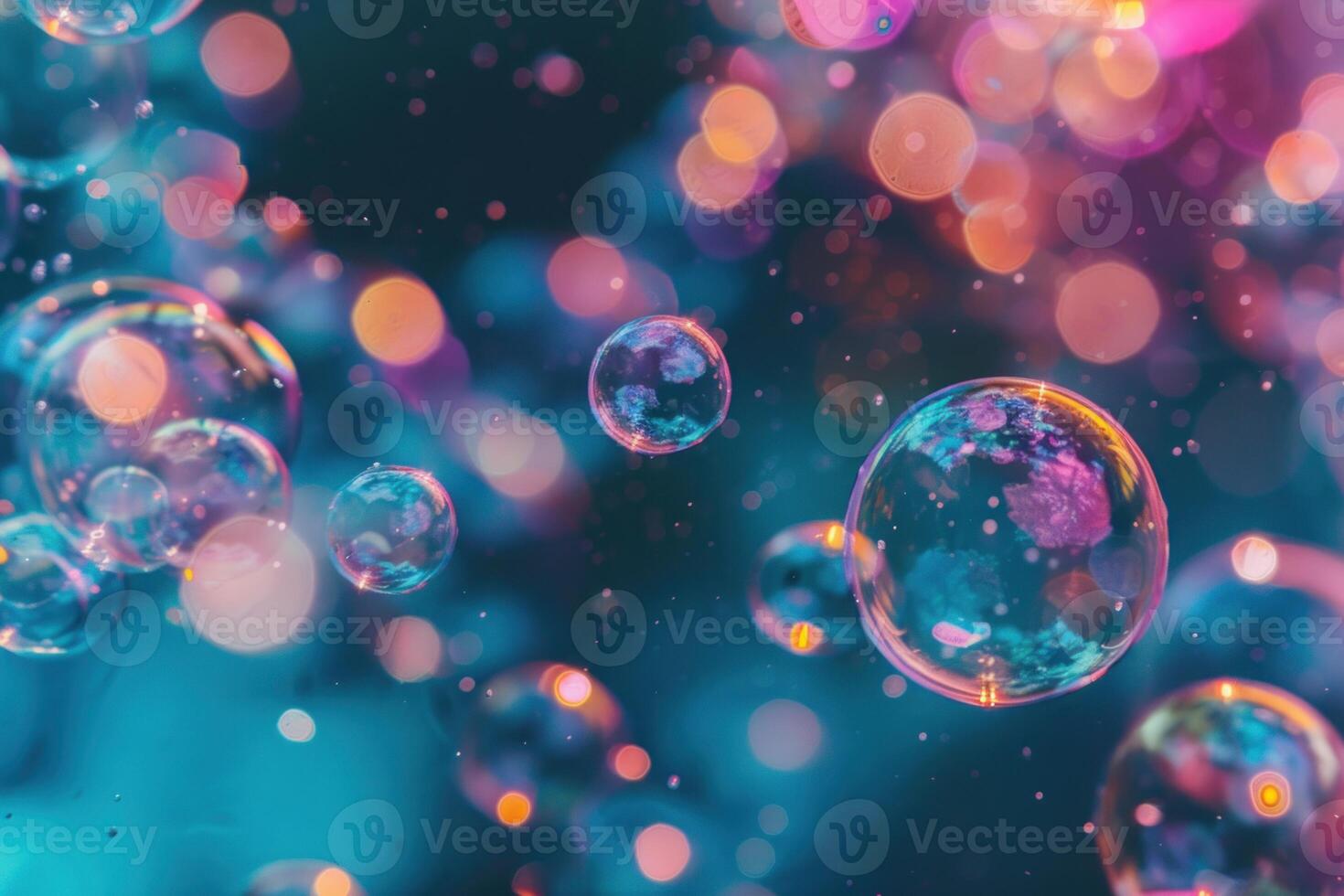 Colorful soap bubbles floating creating abstract background with bokeh photo