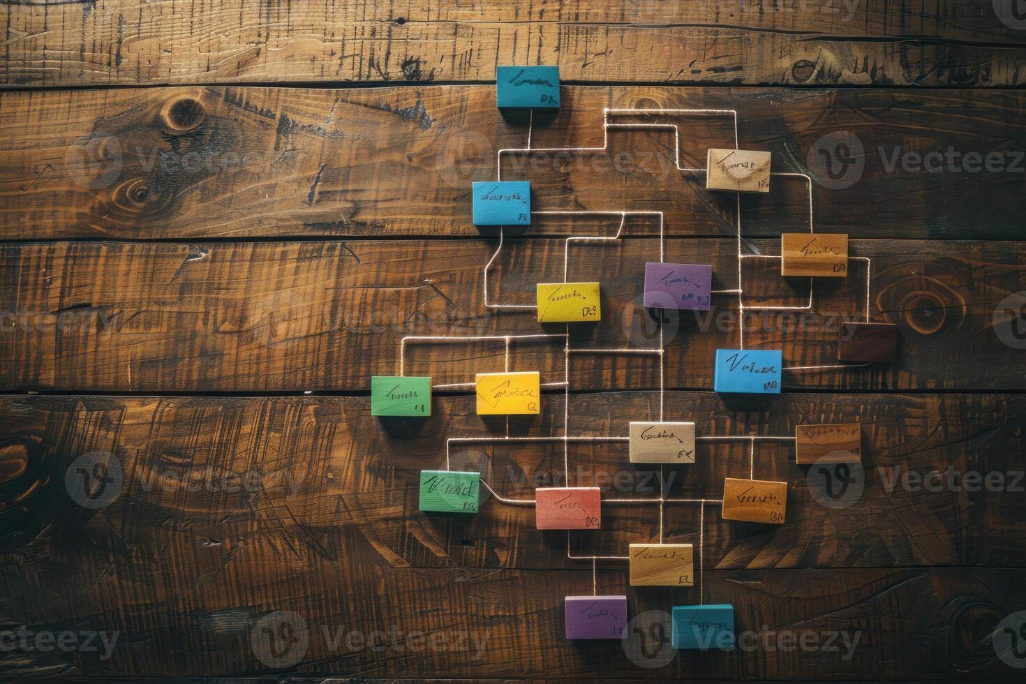 Colorful flow chart showing business project management on rustic wood photo