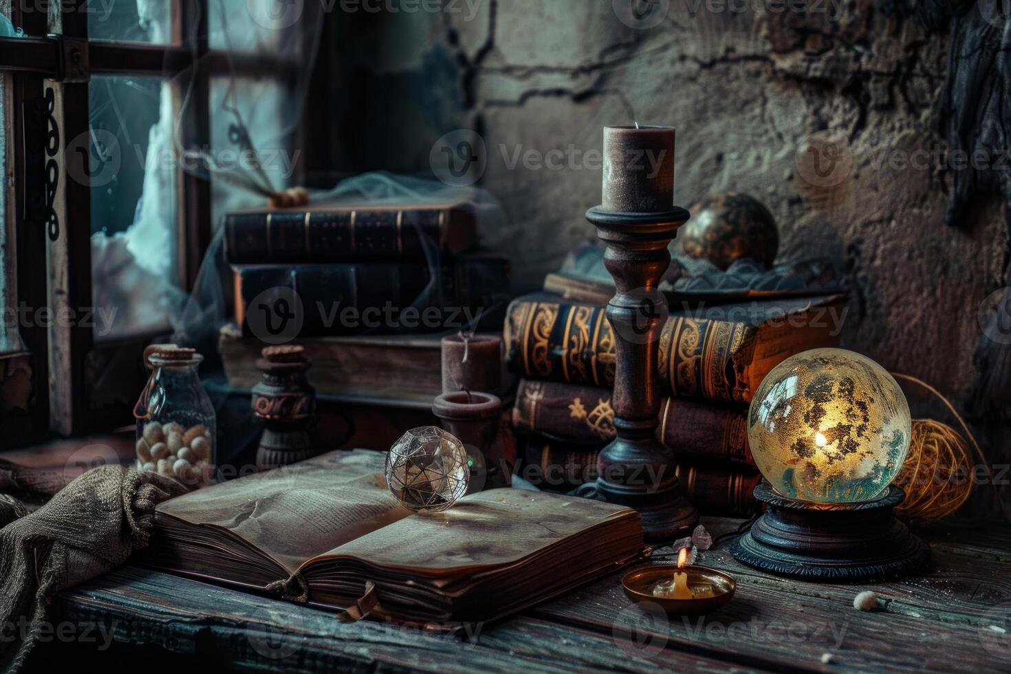Ancient grimoire laying open on wooden table with crystal ball and candles photo