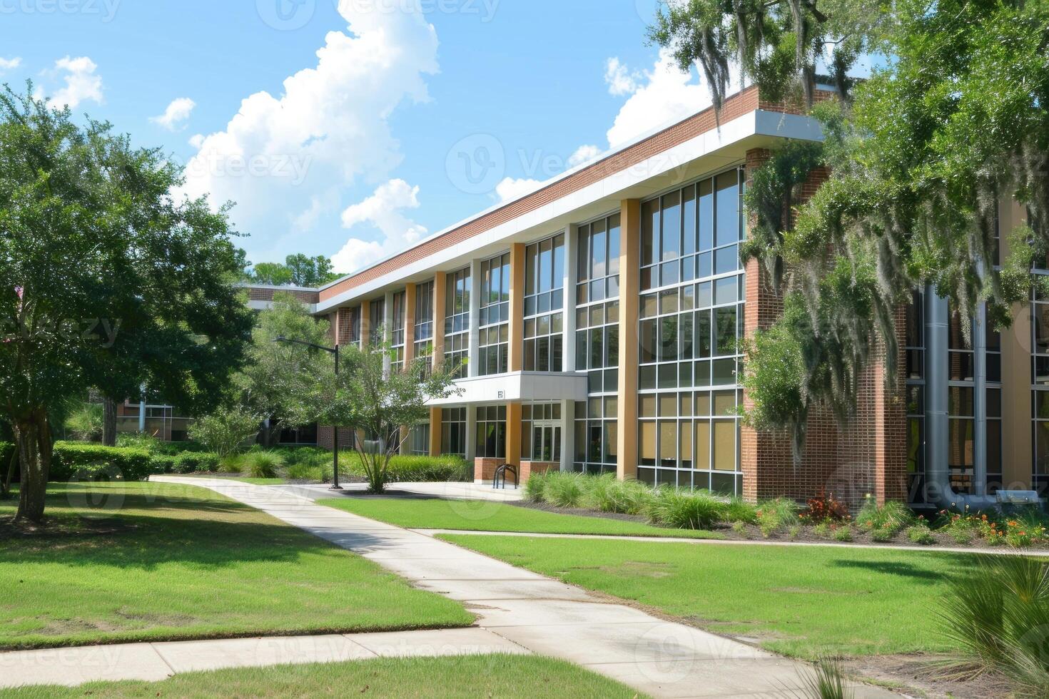 Modern office building exterior with sidewalk leading to entrance photo