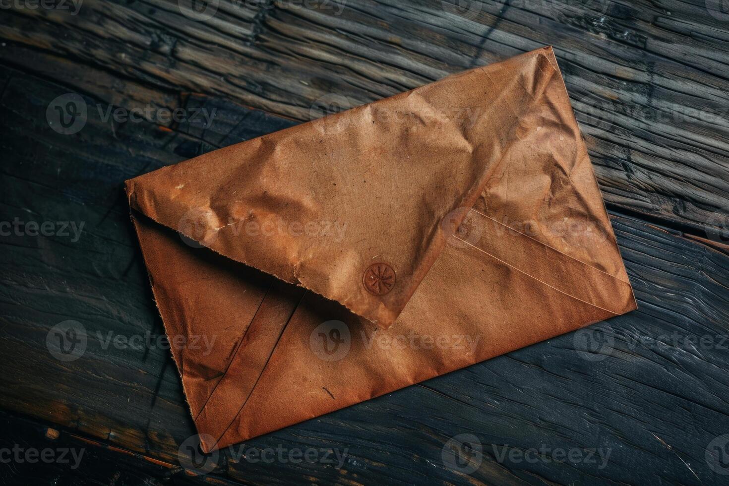 Old brown envelope with wax seal lying on wooden table photo