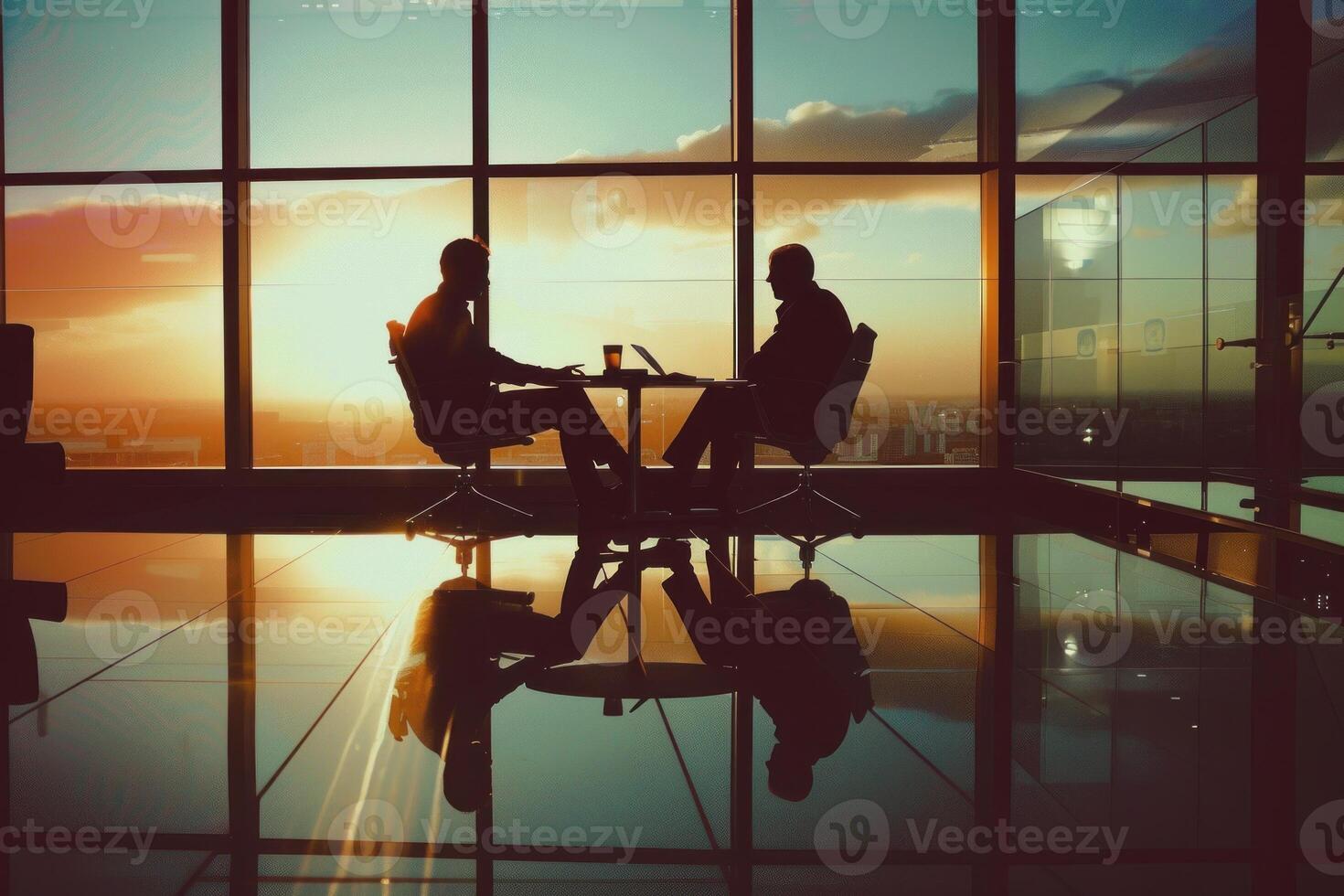 Two businessmen discussing at sunset in modern office with cityscape view photo