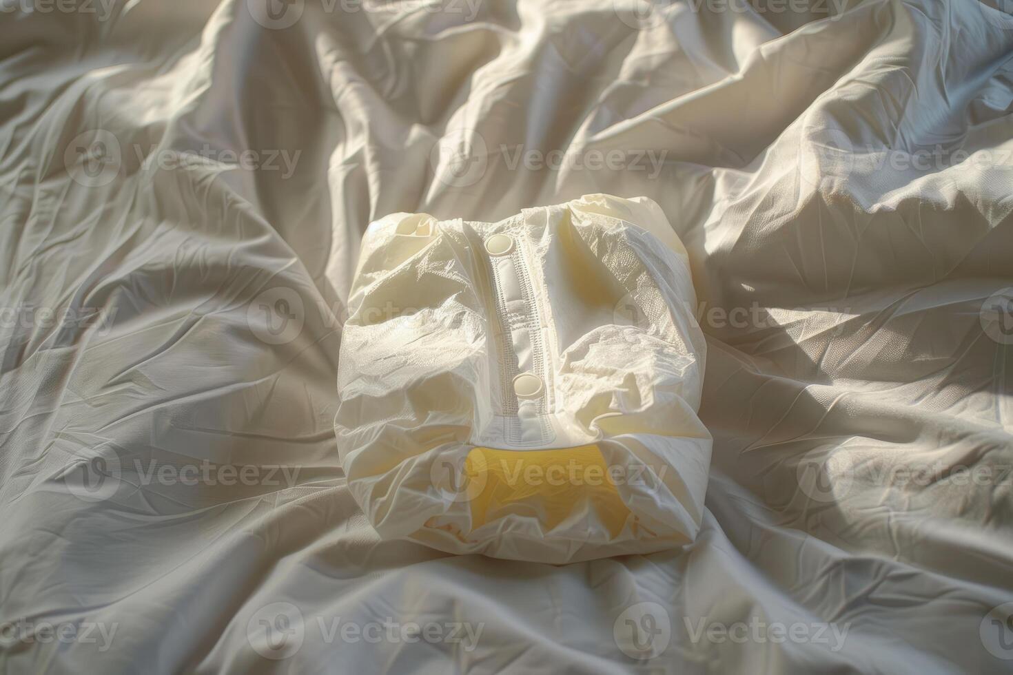 Reusable modern washable baby nappy lying on white sheets photo