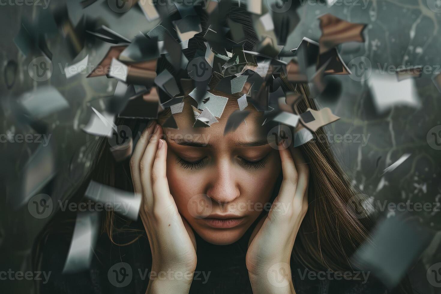 Young woman suffering from strong headache and migraine photo