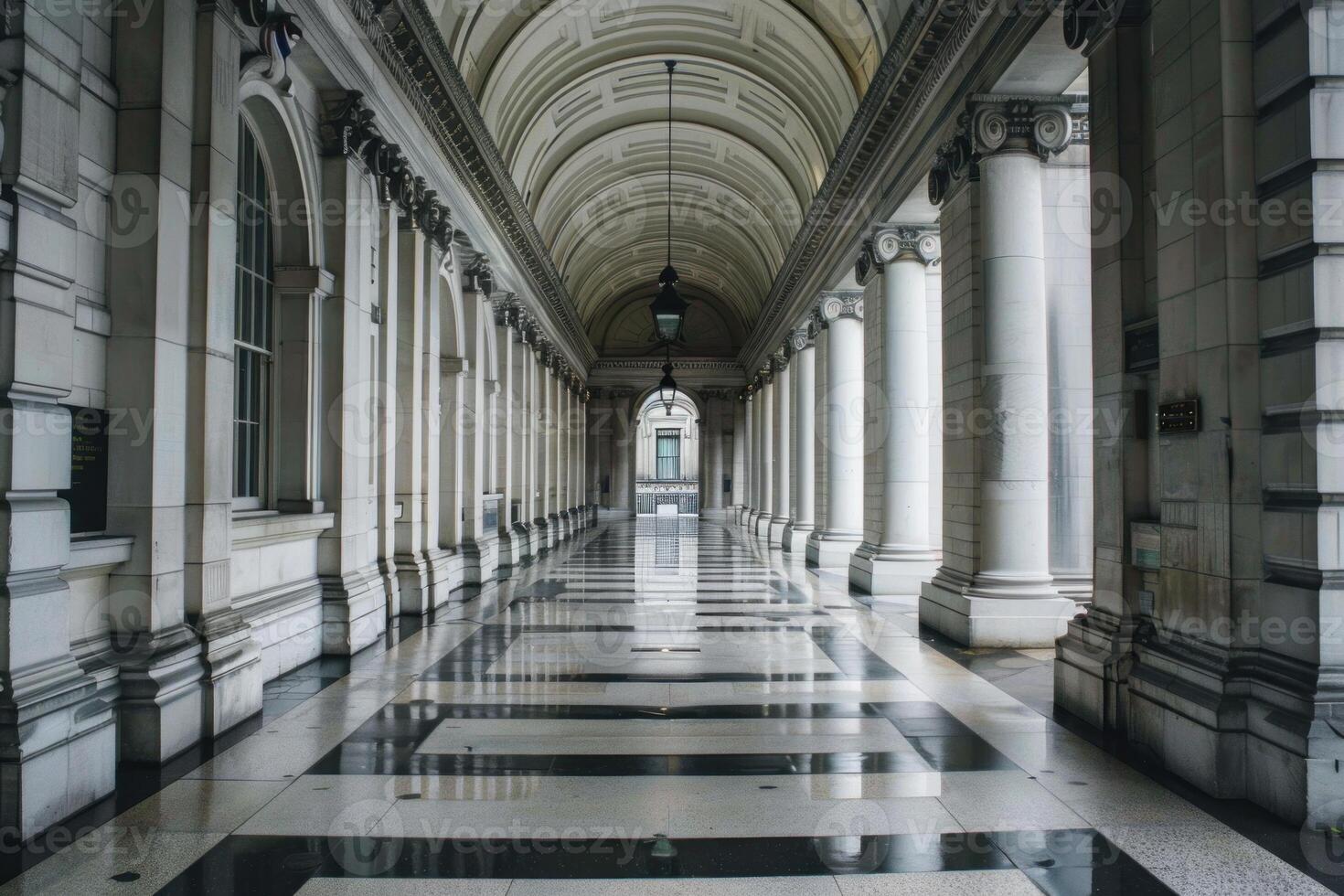 Empty corridor with columns leading to entrance of historic building photo