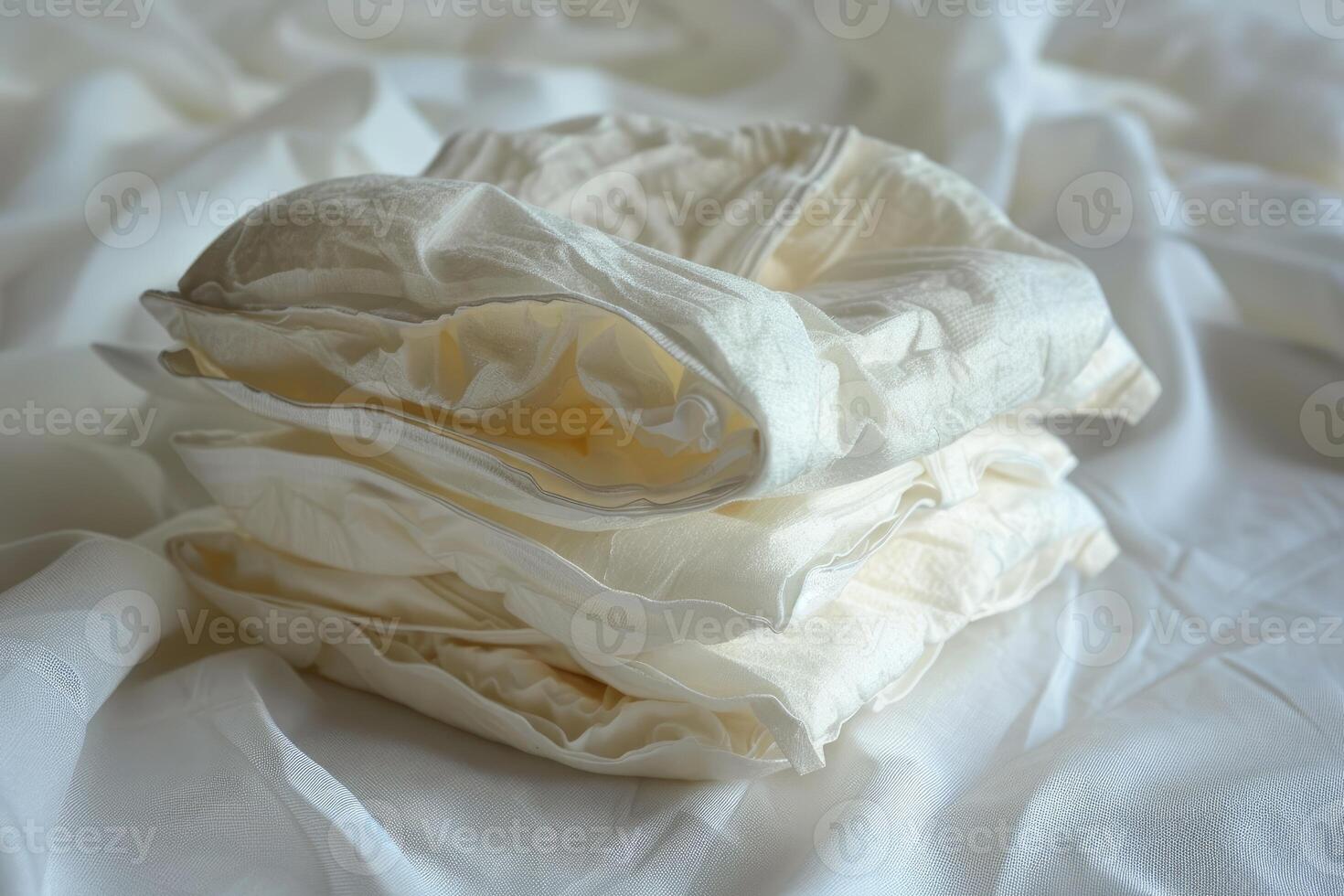 Stack of clean and folded reusable cloth diapers on white sheets photo