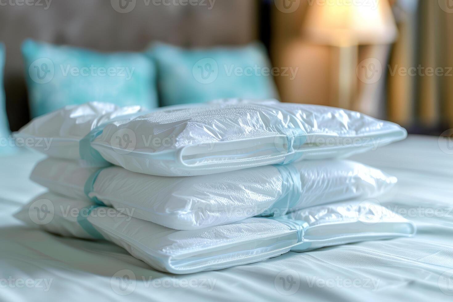 Hotel maid placing vacuum packed pillows on bed in hotel room photo