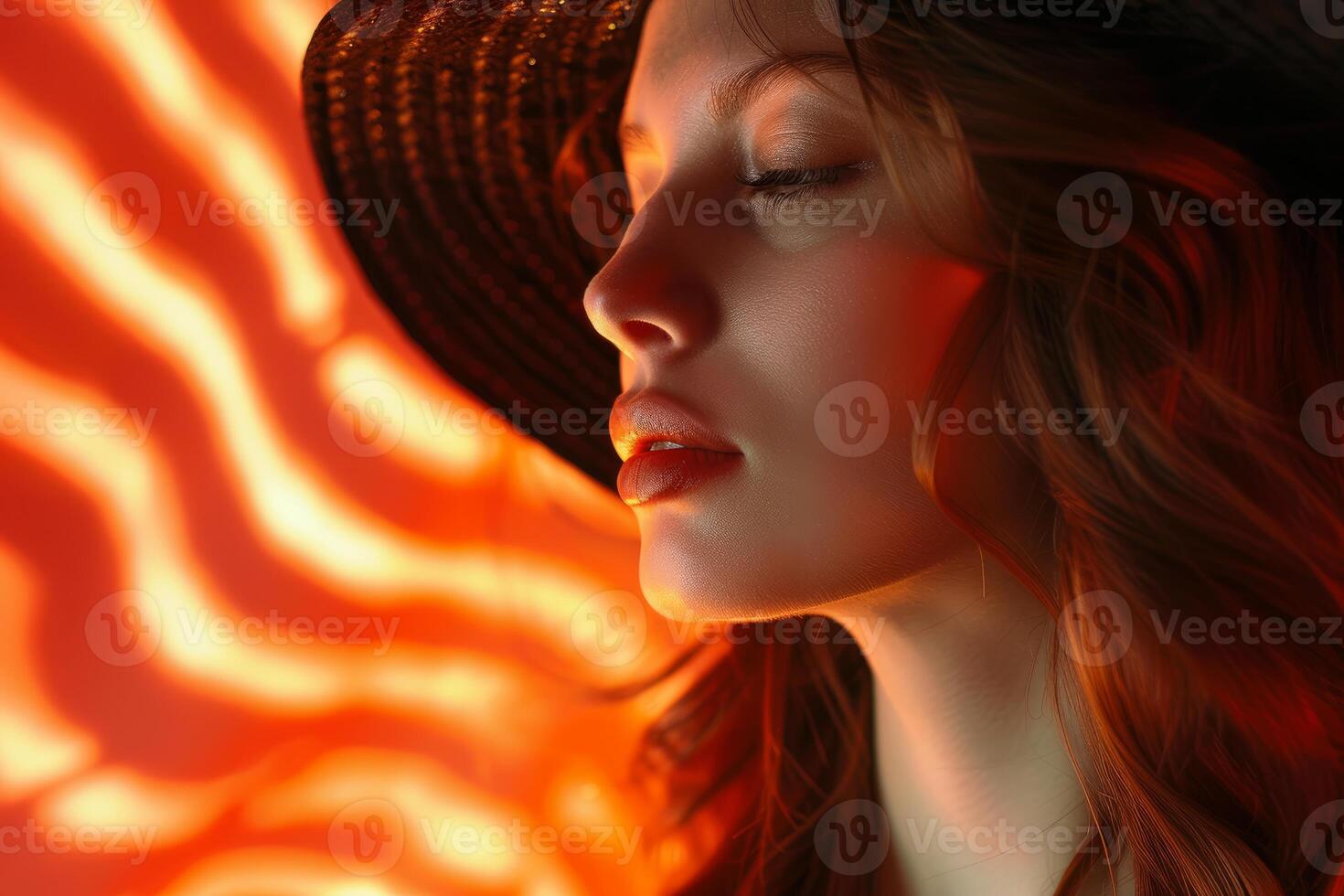 Beautiful woman posing with eyes closed and red light on face photo