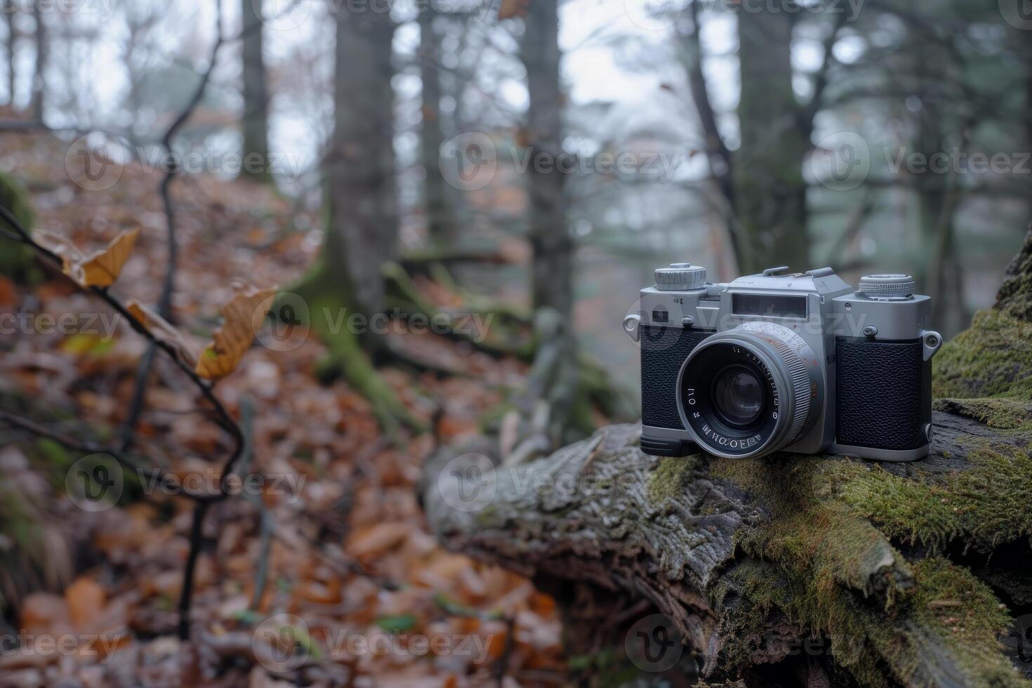 Vintage analog camera resting on mossy log in autumn forest photo