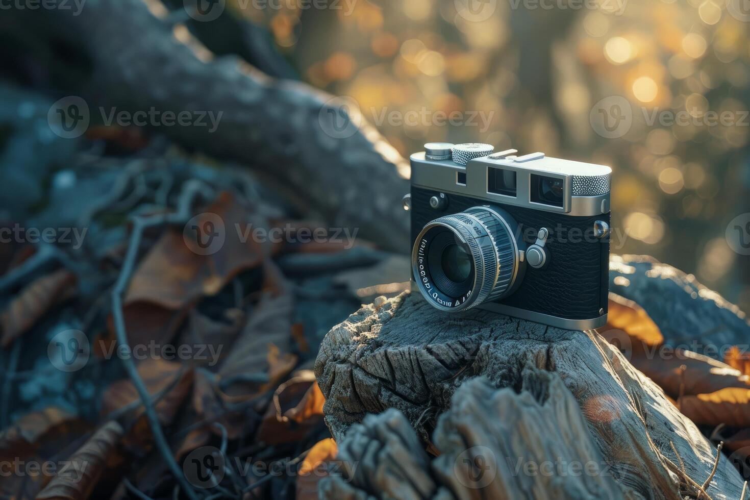 Vintage rangefinder camera sitting on tree stump in autumn forest photo