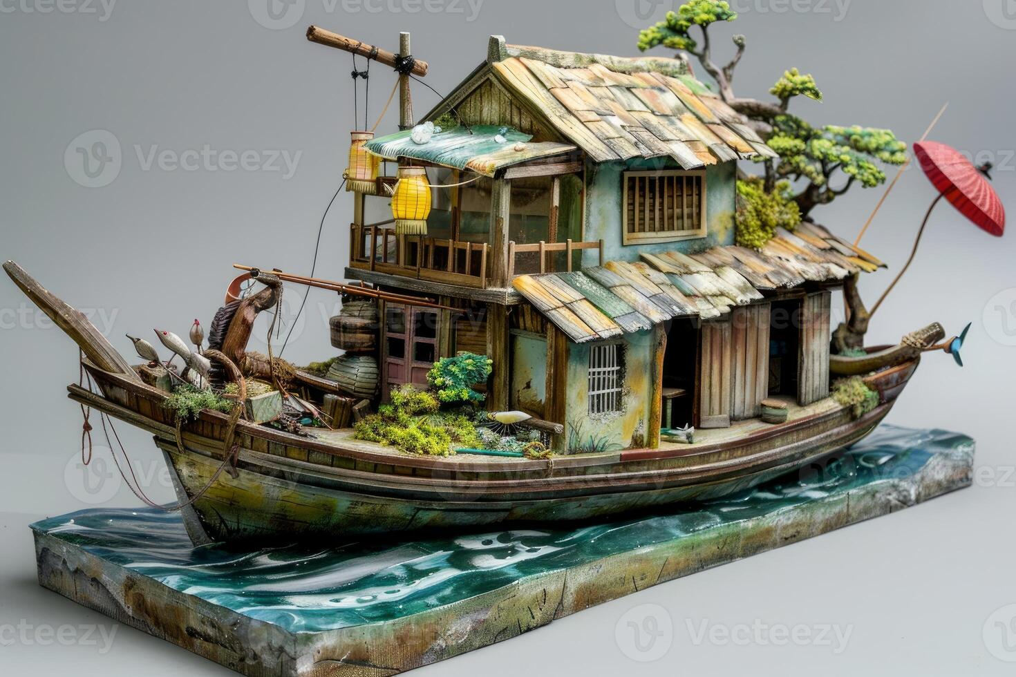 Miniature asian fishing boat floating on water with a house on top photo