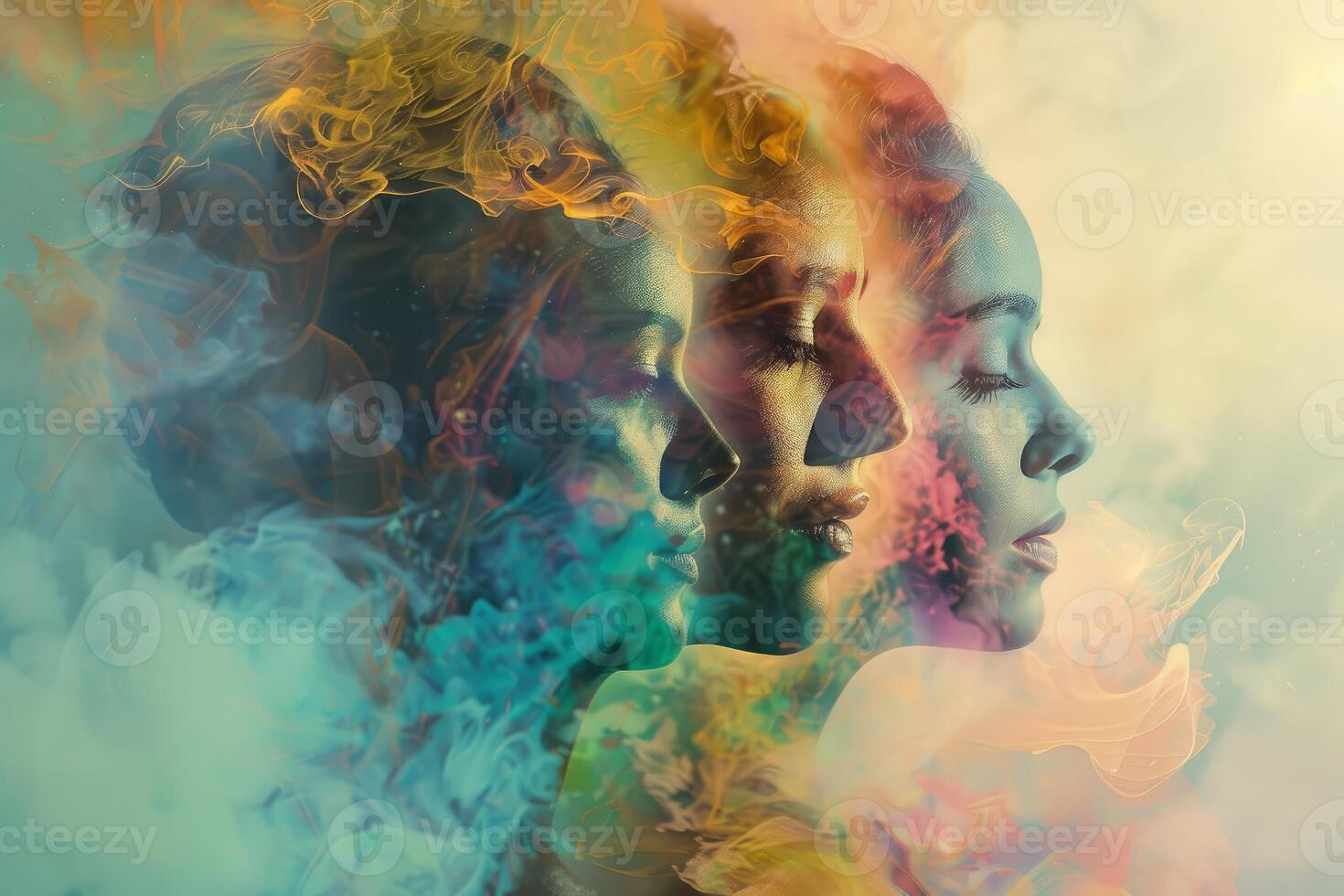 Three women merging with colorful smoke representing feelings and emotions photo