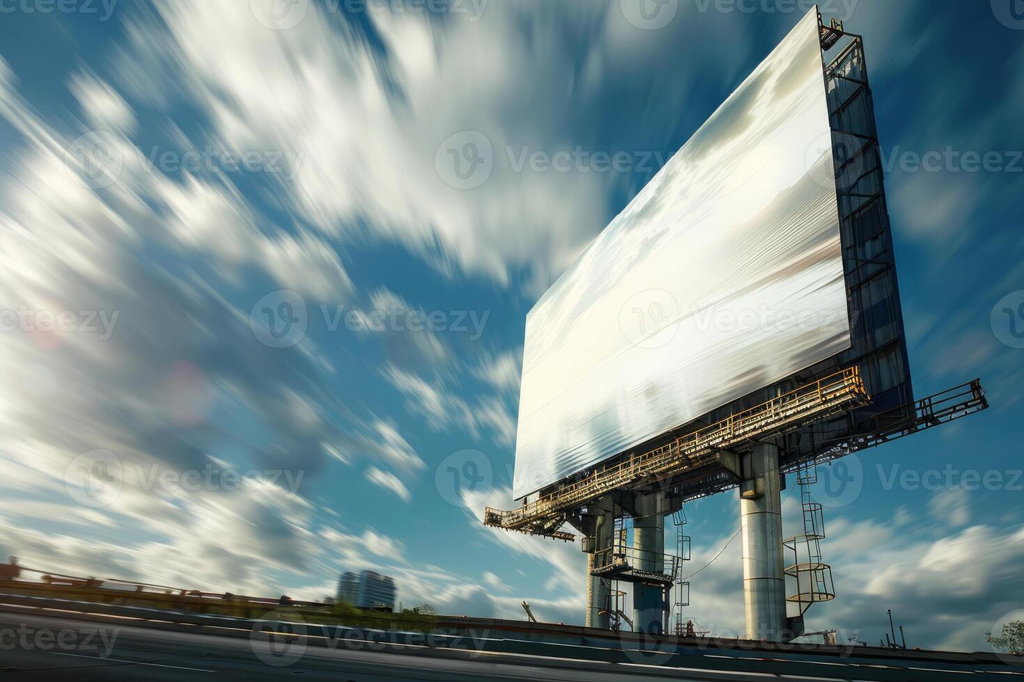 Large blank billboard reflecting sky on busy highway photo