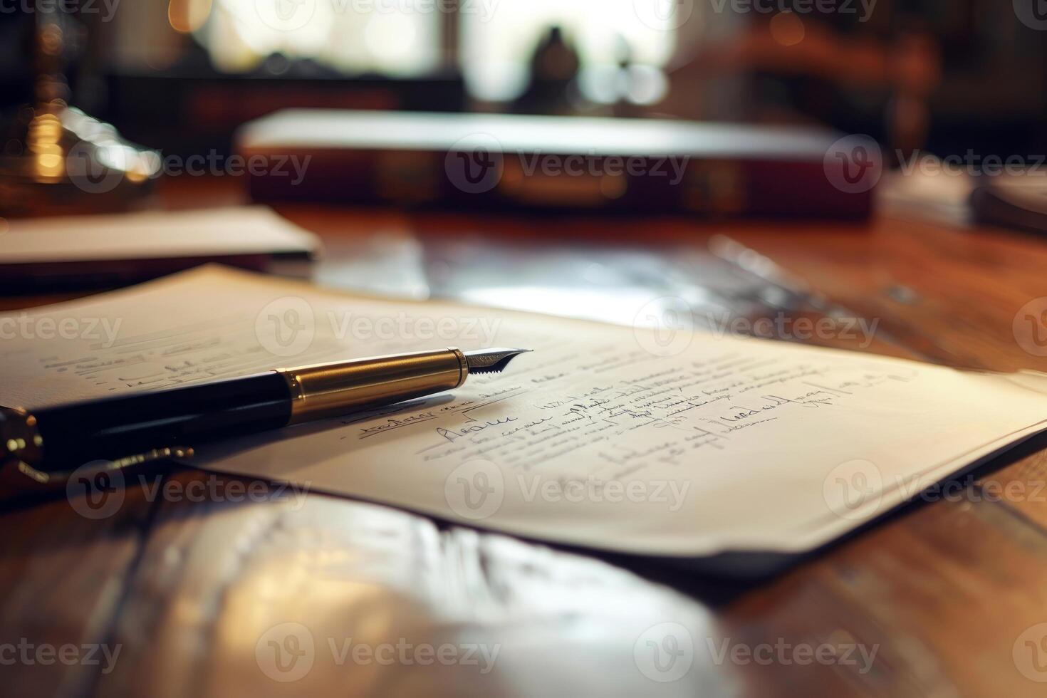 Lawyer reviewing last will and testament with fountain pen photo