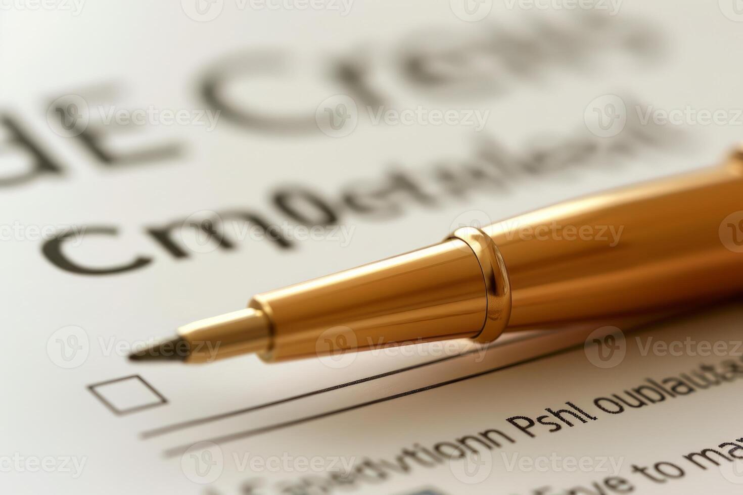 Golden pen standing on credit application form with check box photo