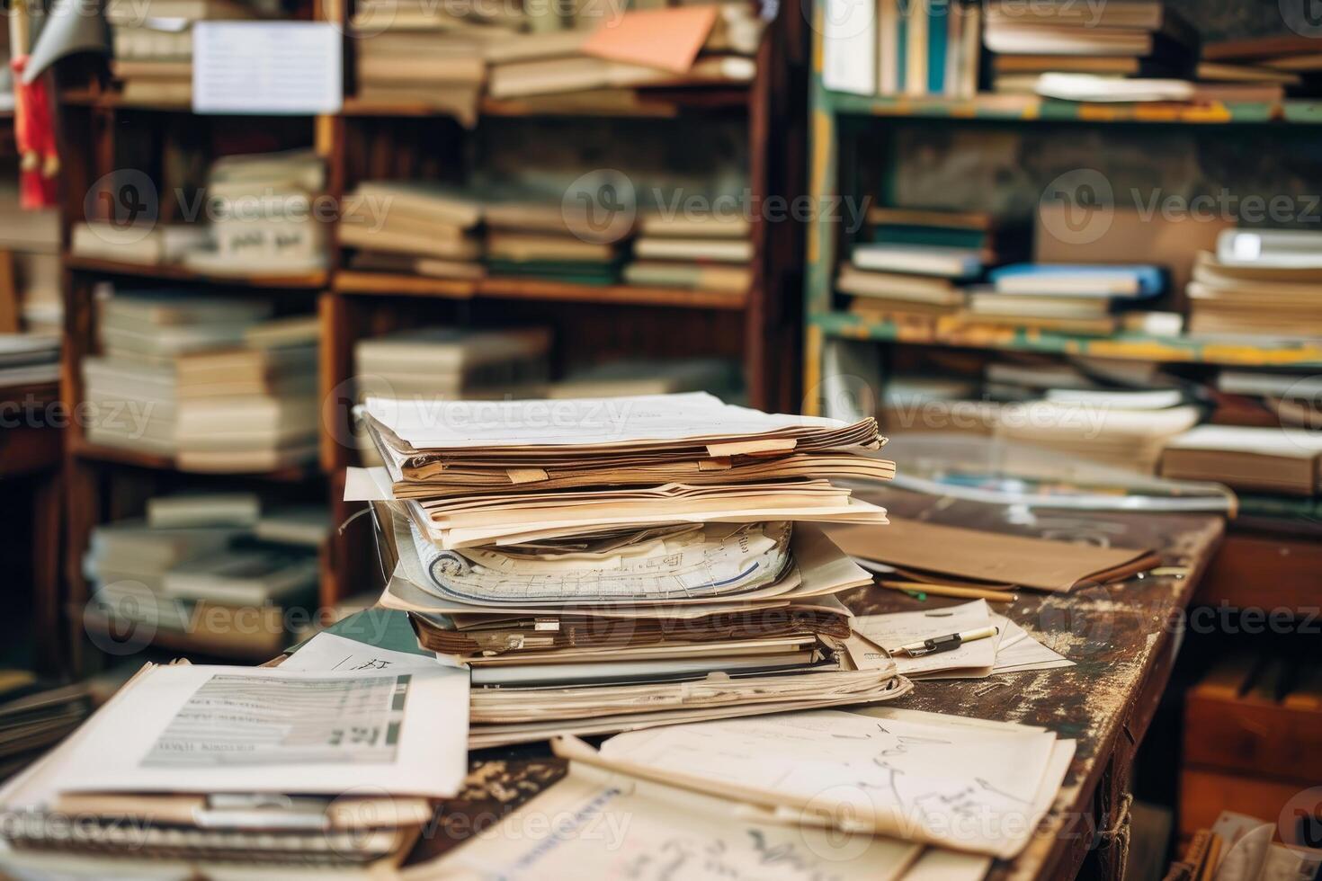 Stack of folders sitting on desk in room full of books photo