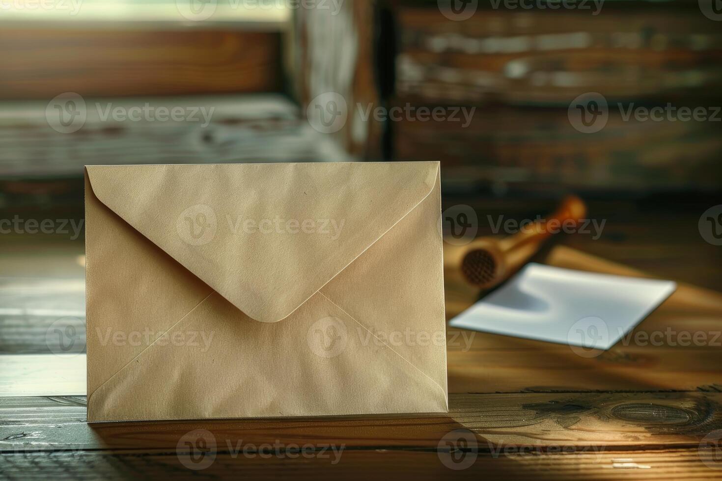 Craft paper envelope standing on wooden table with writing supplies photo