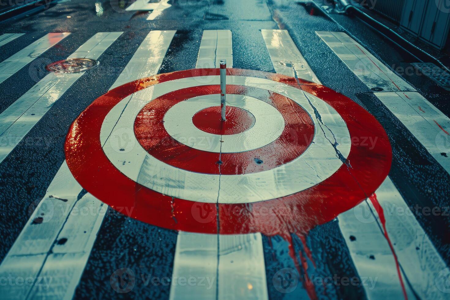 Red and white target painted on crosswalk representing reaching a goal photo