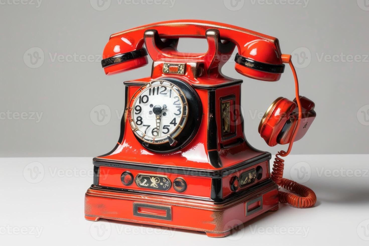 Red retro rotary phone showing time passing by photo
